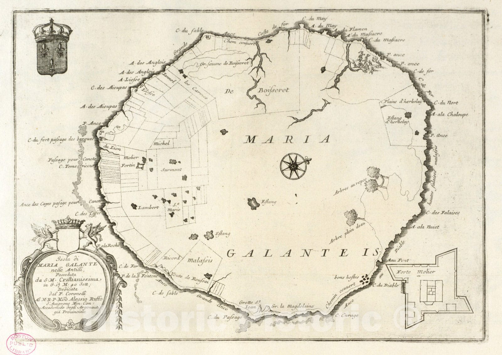 Historical Map, 1697 Isola di Maria Galante Nelle Antilli, posseduta da S. M. Cristianissima in G. 15 M. 40 Sett, Vintage Wall Art