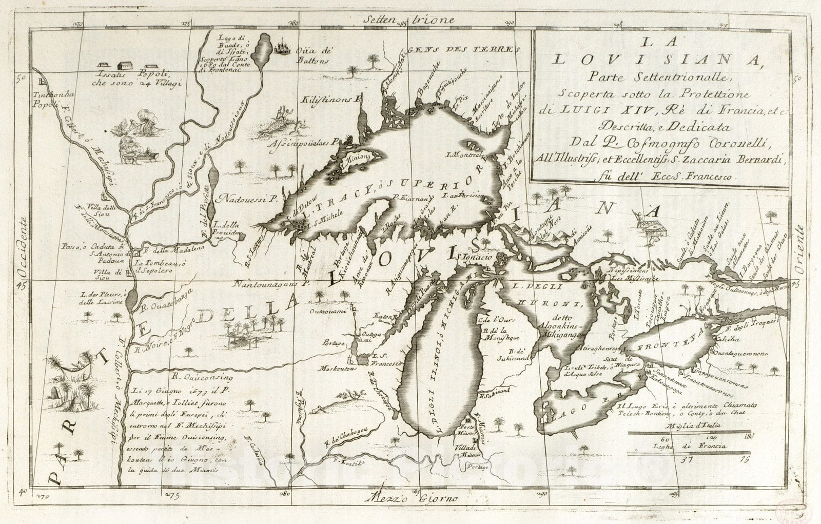 Historical Map, 1697 La Louisiana, Parte settentrionalle, scoperta Sotto la protettione di Luigi XIV, Re di Francia, etc, Vintage Wall Art