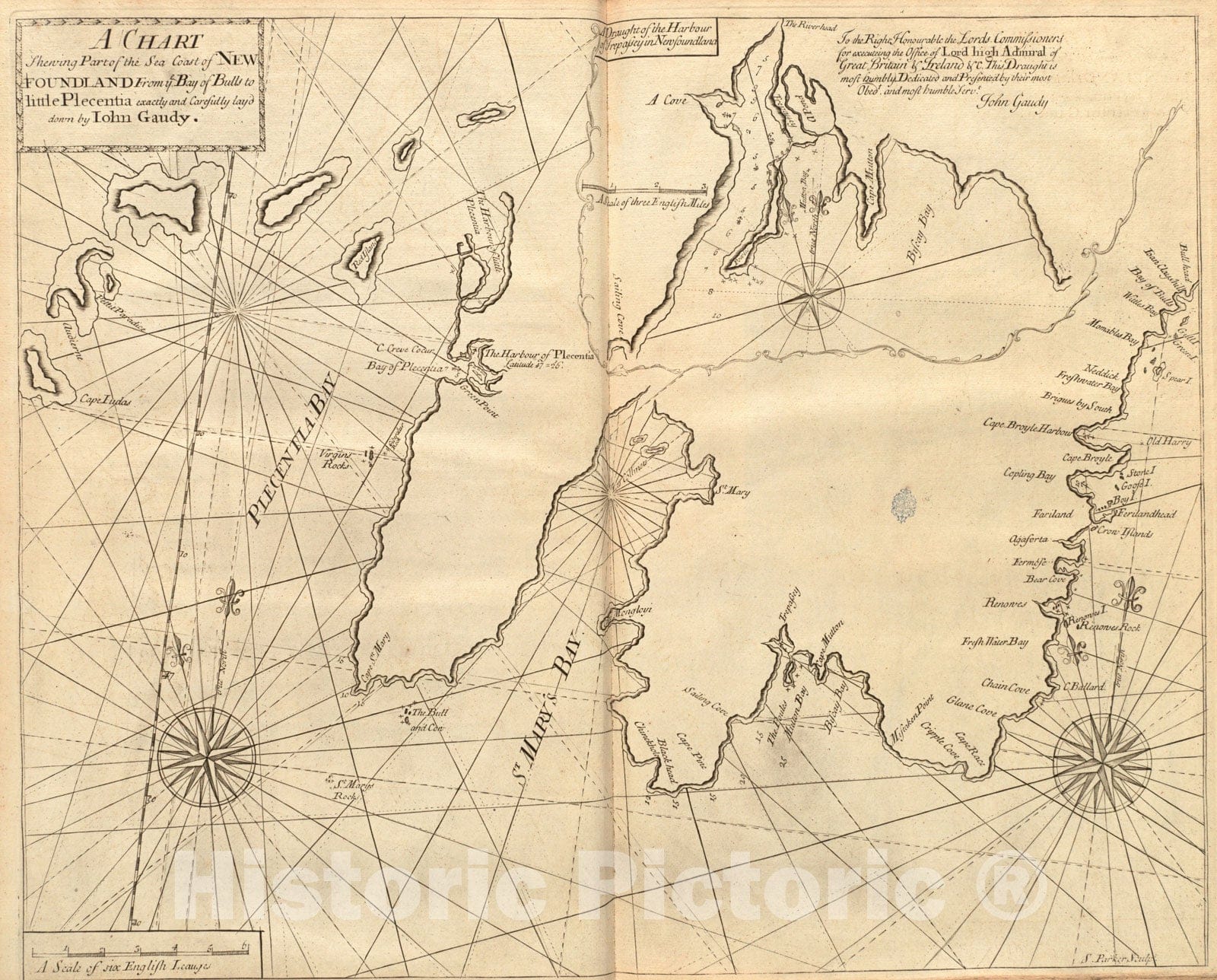 Historical Map, 1737 A Chart shewing Part of The sea Coast of Newfoundland from ye Bay of Bulls to Little Plecentia, Vintage Wall Art
