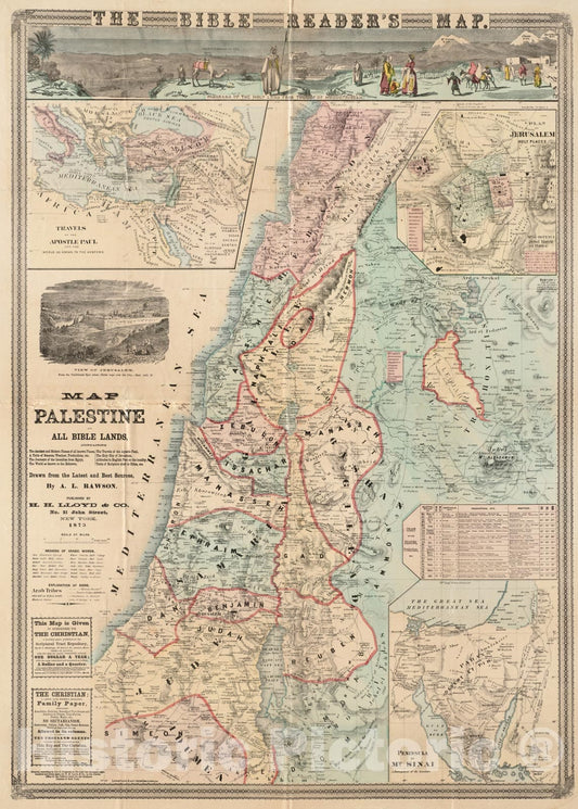Historical Map, 1873 Map of Palestine and All Bible Lands, containing The Ancient and Modern Names of All Known Places, a Table of Seasons, Weather, Productions, etc, Vintage Wall Art