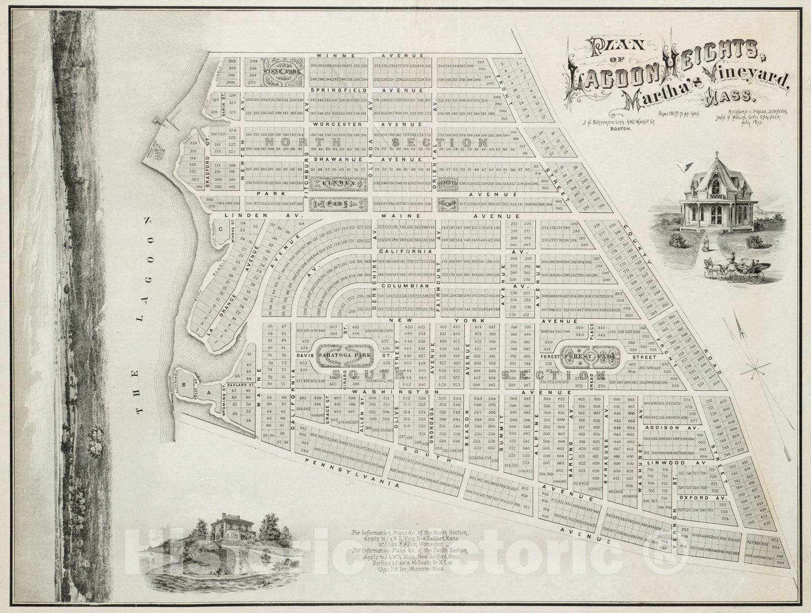 Historical Map, 1873 Plan of Lagoon Heights, Martha's Vineyard, Mass, Vintage Wall Art