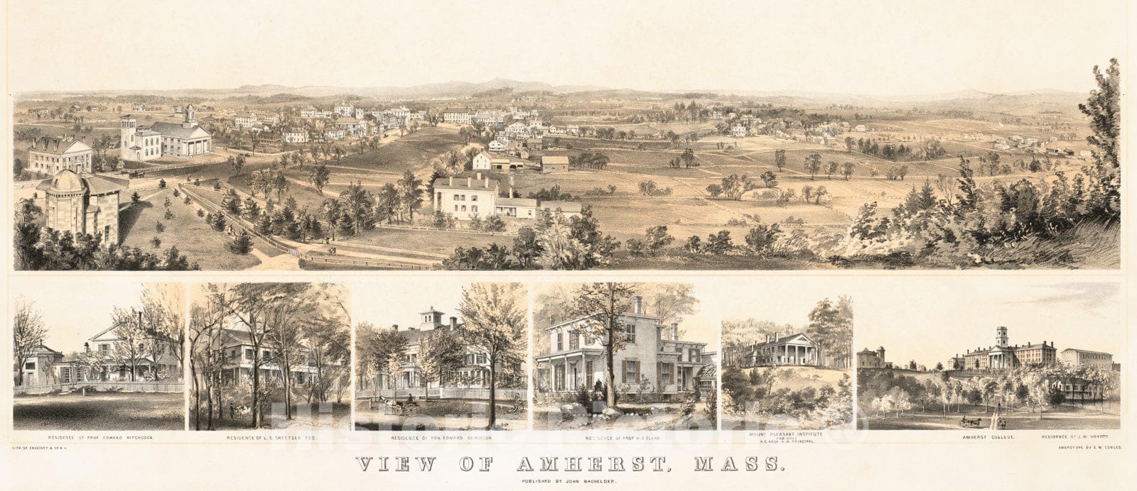 Historical Map, 1855-1857 View of Amherst, Mass, Vintage Wall Art