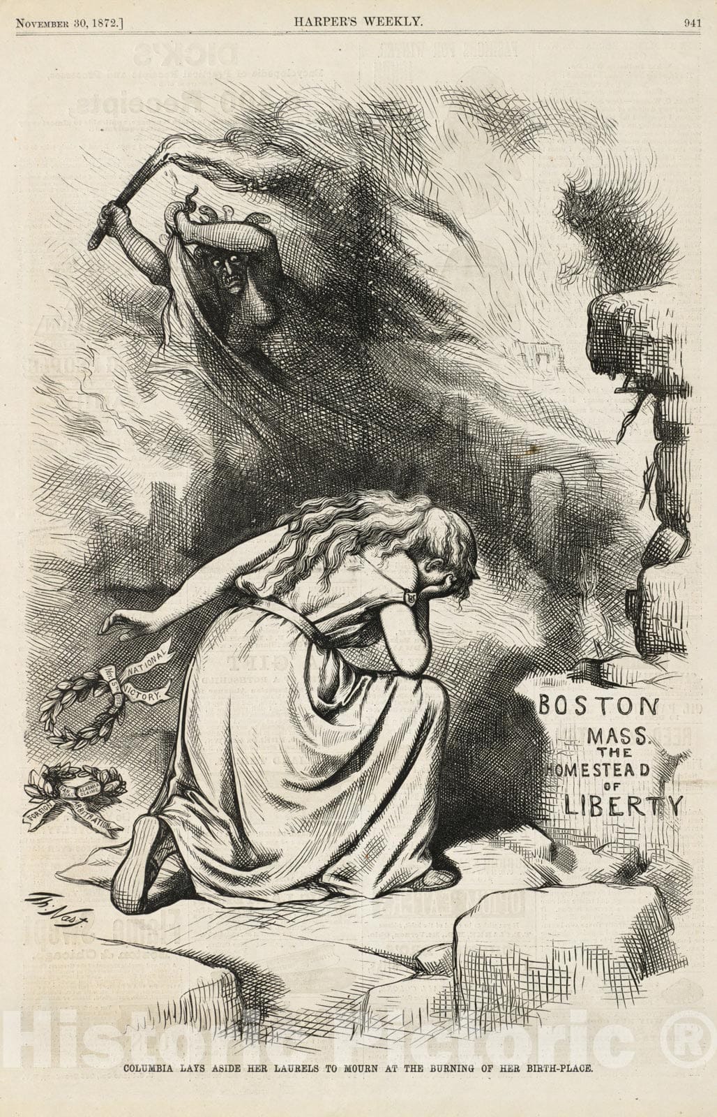 Historical Map, 1872 Columbia lays Aside her Laurels to Mourn at The Burning of her Birth-Place, Vintage Wall Art
