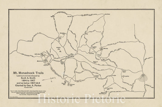 Historical Map, Mt. Monadnock Trails Laid Out and Developed by Scott A. Smith, 1894 to 1907, and as Below 1907-8-9, Vintage Wall Art