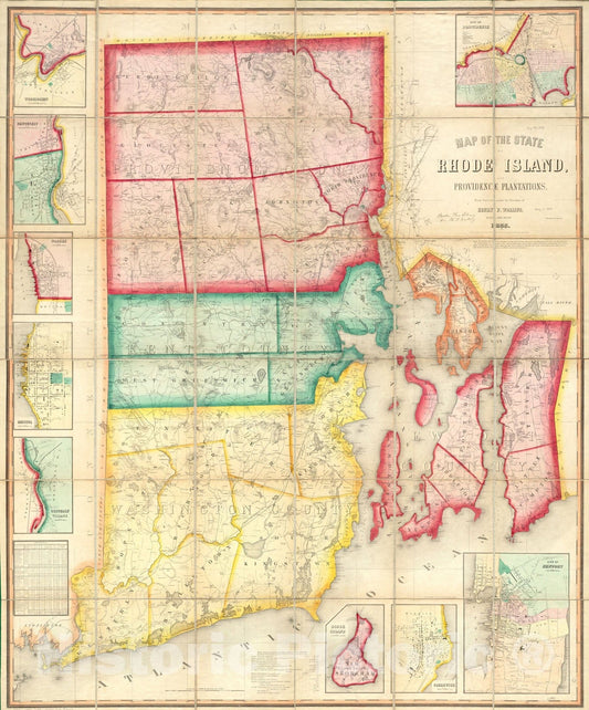 Historical Map, 1855 Map of The State of Rhode Island, and Providence Plantations, Vintage Wall Art