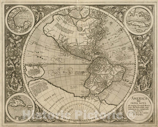 Historical Map, 1595 America sive India Nova : ad magnae Gerardi Mercatoris aui universalis imitationem in Compendium redacta, Vintage Wall Art