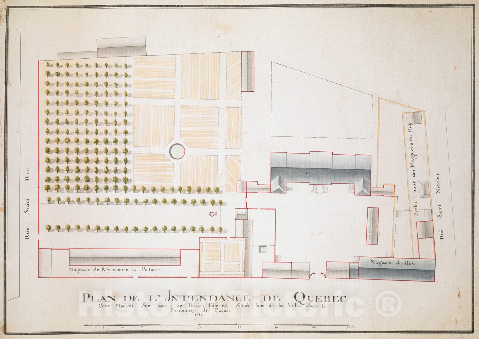 Historical Map, Plan DE L'INTENDANCE DE QUE'BEC : Cette Maison Sert Aussi de Palais; Elle est Situee hors de la Ville, Dans le Faubourg de Palais 1750, Vintage Wall Art