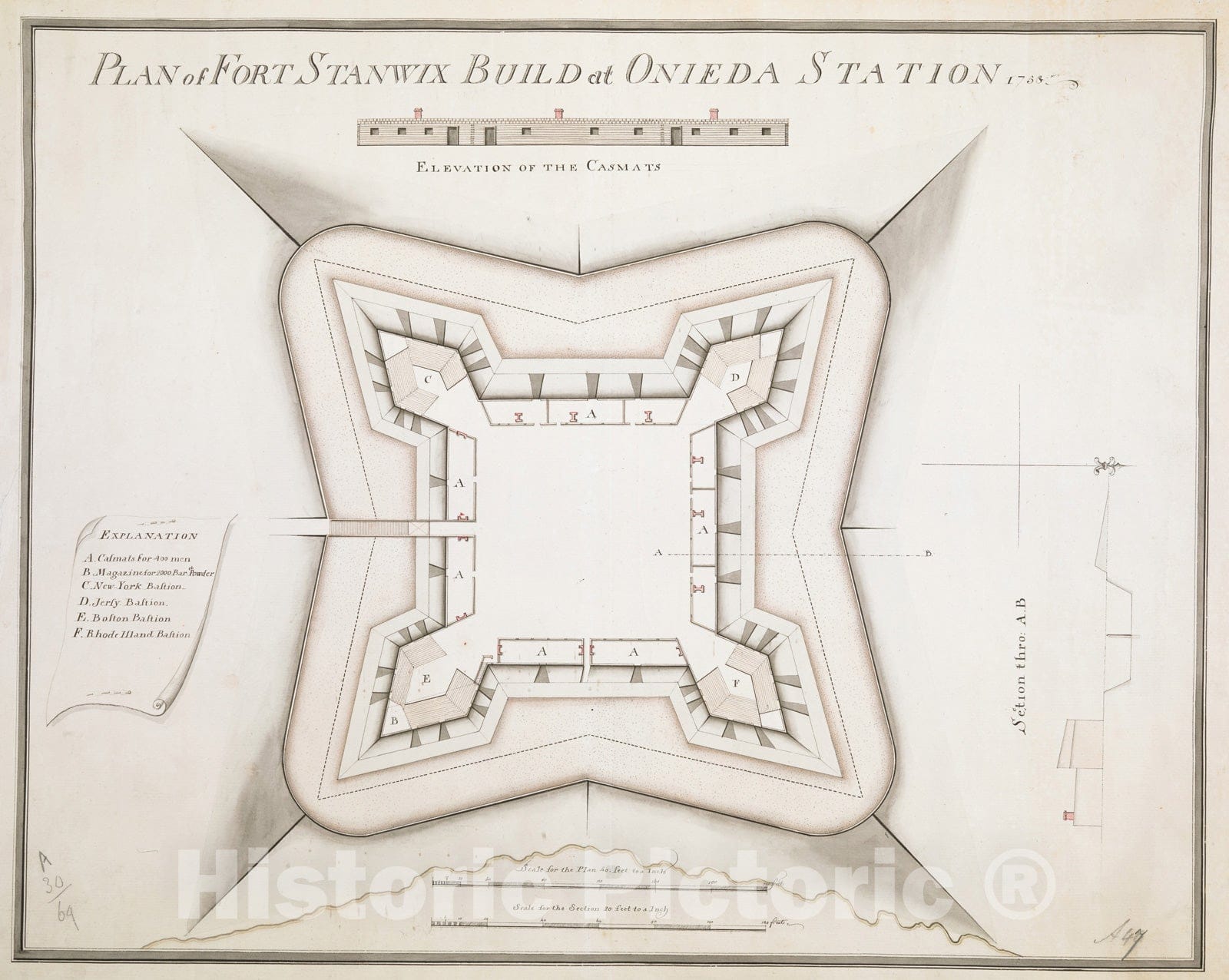 Historical Map, Plan of FORT STANWIX BUILD at ONIEDA STATION 1758, Vintage Wall Art
