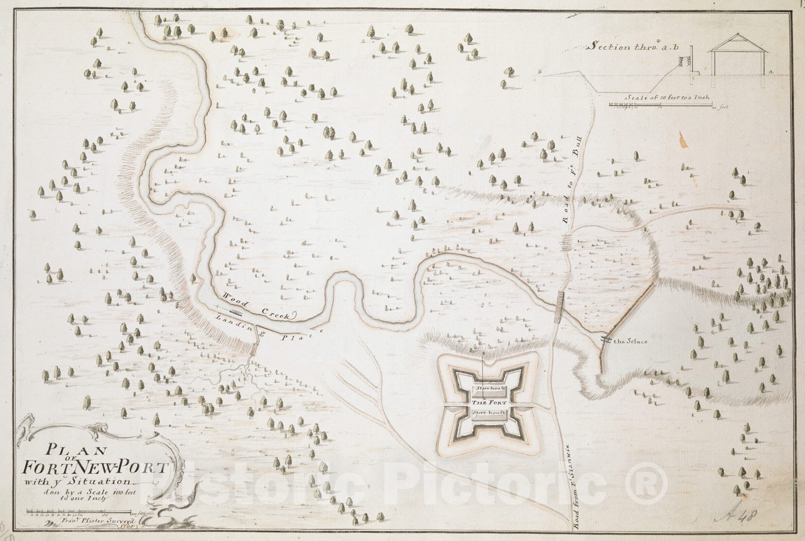 Historical Map, 1760 Plan of Fort New-Port with ye Situation Done by a Scale 100 feet to one Inch, Vintage Wall Art