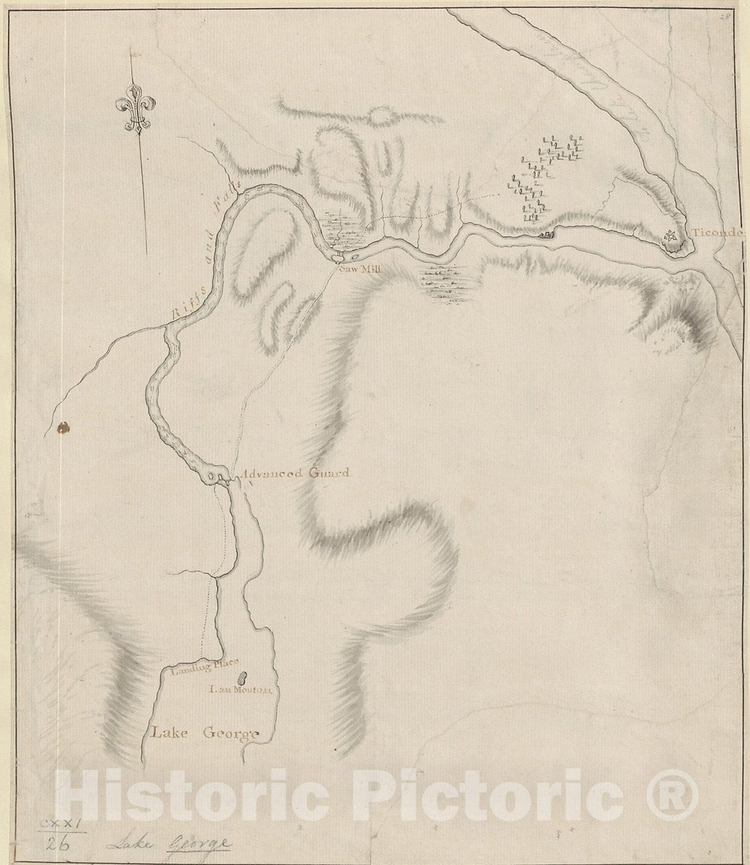 Historical Map, 1756 [A map showing the northern part of Lake George and Fort Ticonderoga], Vintage Wall Art