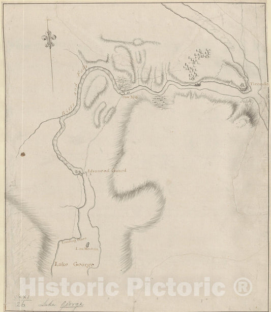 Historical Map, 1756 [A map showing the northern part of Lake George and Fort Ticonderoga], Vintage Wall Art