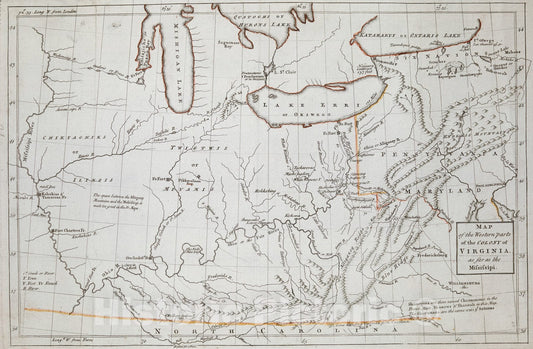 Historical Map, 1754 MAP of The Western Parts of The Colony of Virginia, as far as The Mississipi, Vintage Wall Art