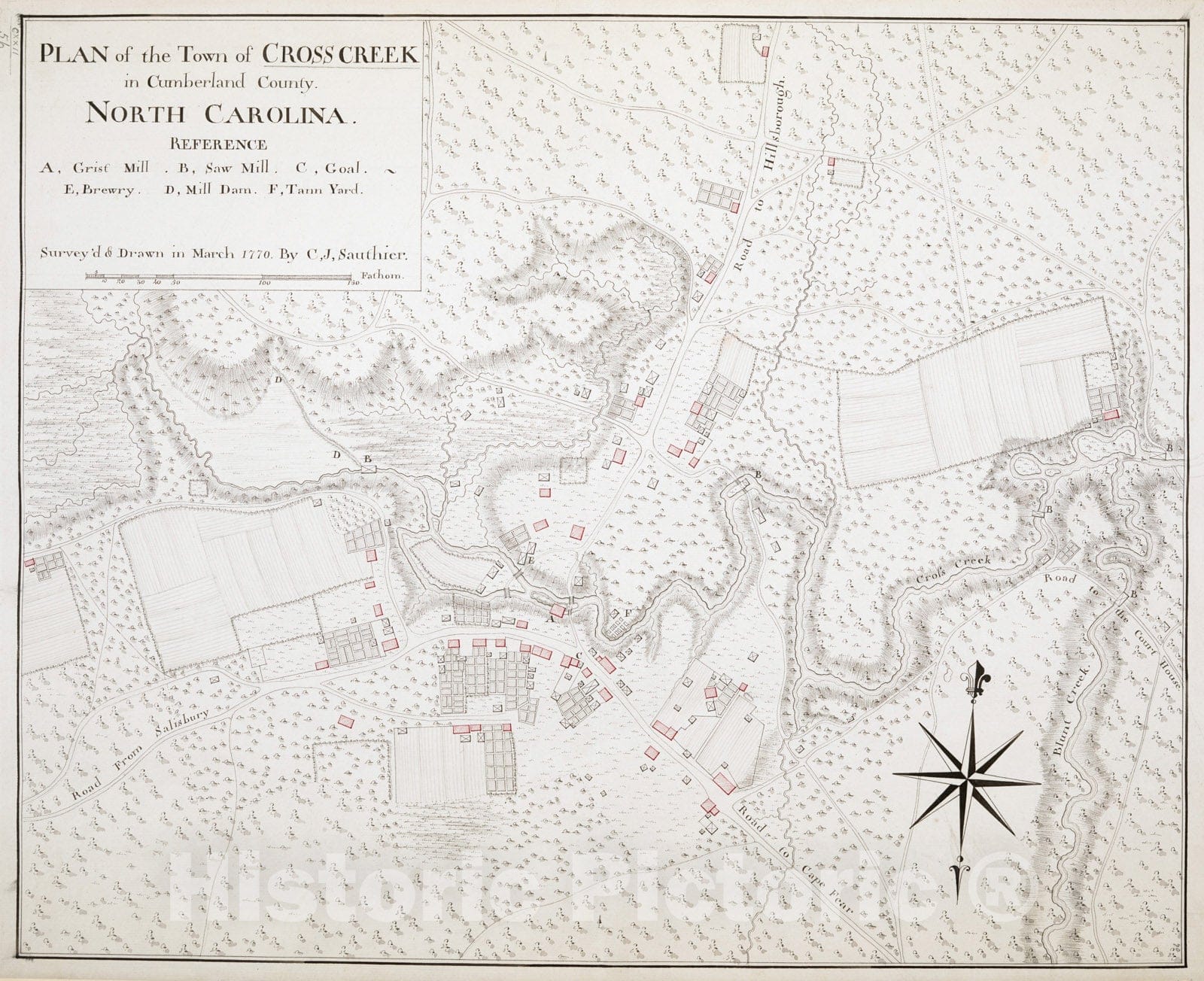 Historical Map, 1770 Plan of The Town of Cross Creek in Cumberland County. North Carolina, Vintage Wall Art