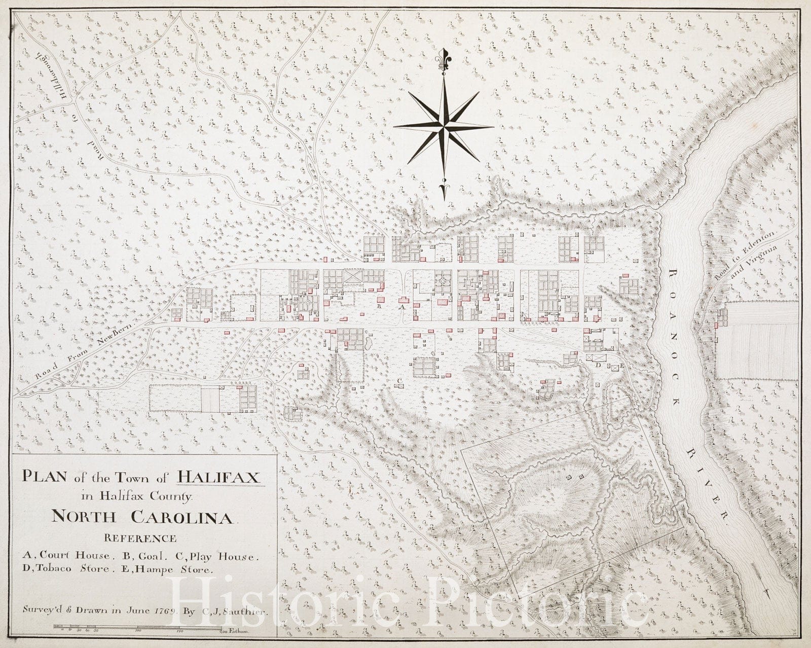 Historical Map, 1769 Plan of The Town of Halifax in Halifax County. North Carolina, Vintage Wall Art