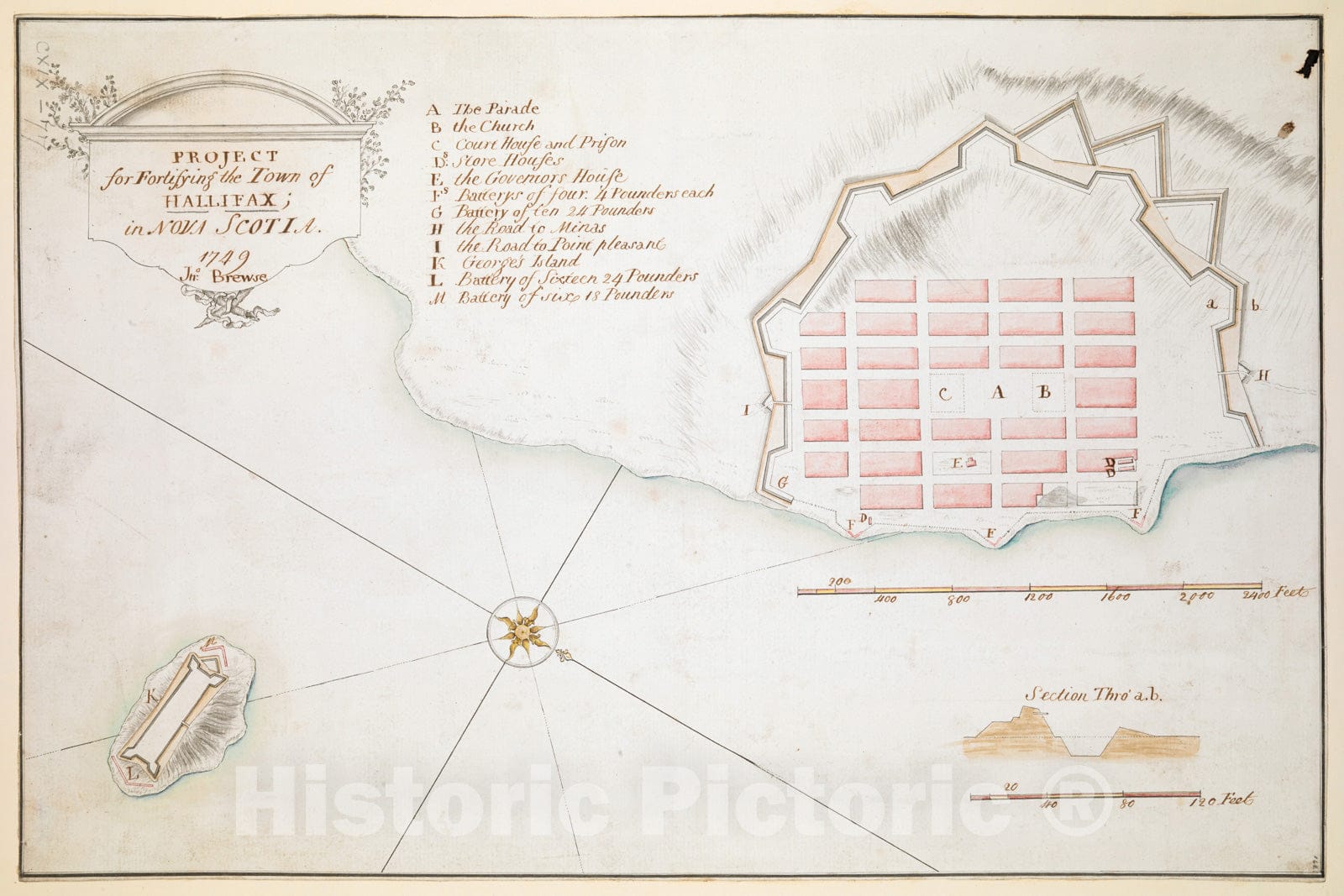 Historical Map, 1749 Project for Fortifying The Town of HALLIFAX ; in NOVA Scotia, Vintage Wall Art