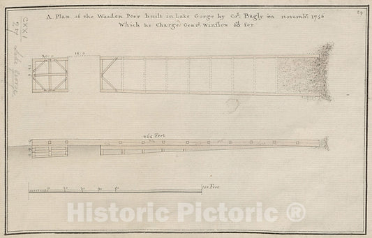Historical Map, A Plan of The Wooden Peer Built in Lake George by Col. Bagly in novemb: r 1756 Which he Charged Genr: l Winslow 60: L for, Vintage Wall Art