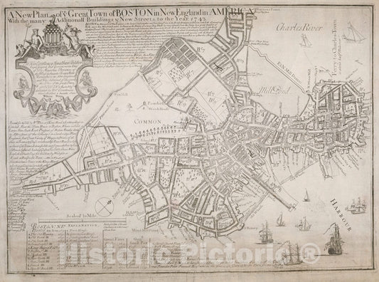 Historical Map, A New Plan of ye Great Town of Boston in New England in America with The Many additionall Buildings & New Streets to The Year 1743, Vintage Wall Art