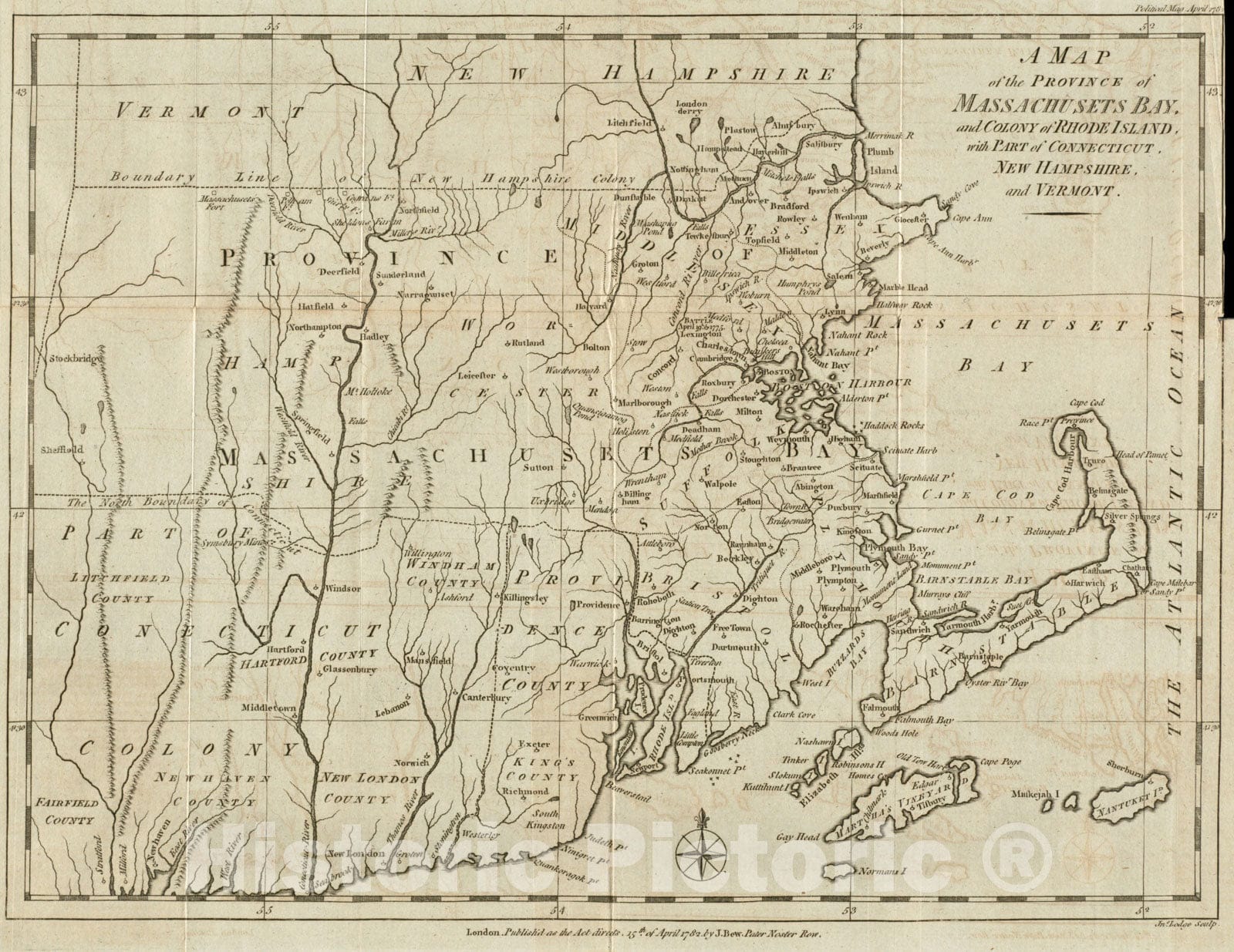 Historical Map, 1782 A map of The Province of Massachusets Bay and Colony of Rhode Island, with pof Connecticut, New Hampshire, and Vermont, Vintage Wall Art