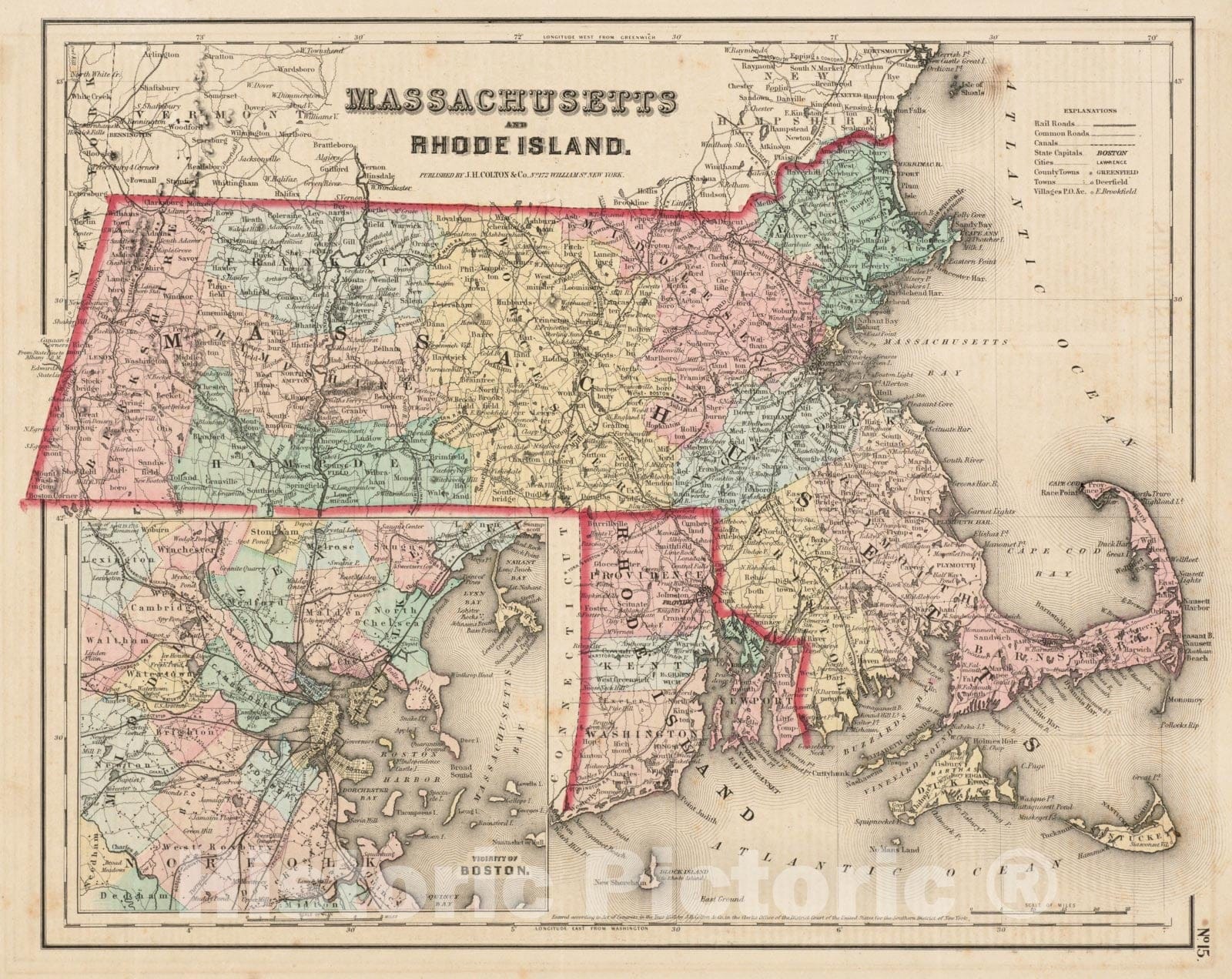 Historical Map, 1855 Massachusetts and Rhode Island, Vintage Wall Art