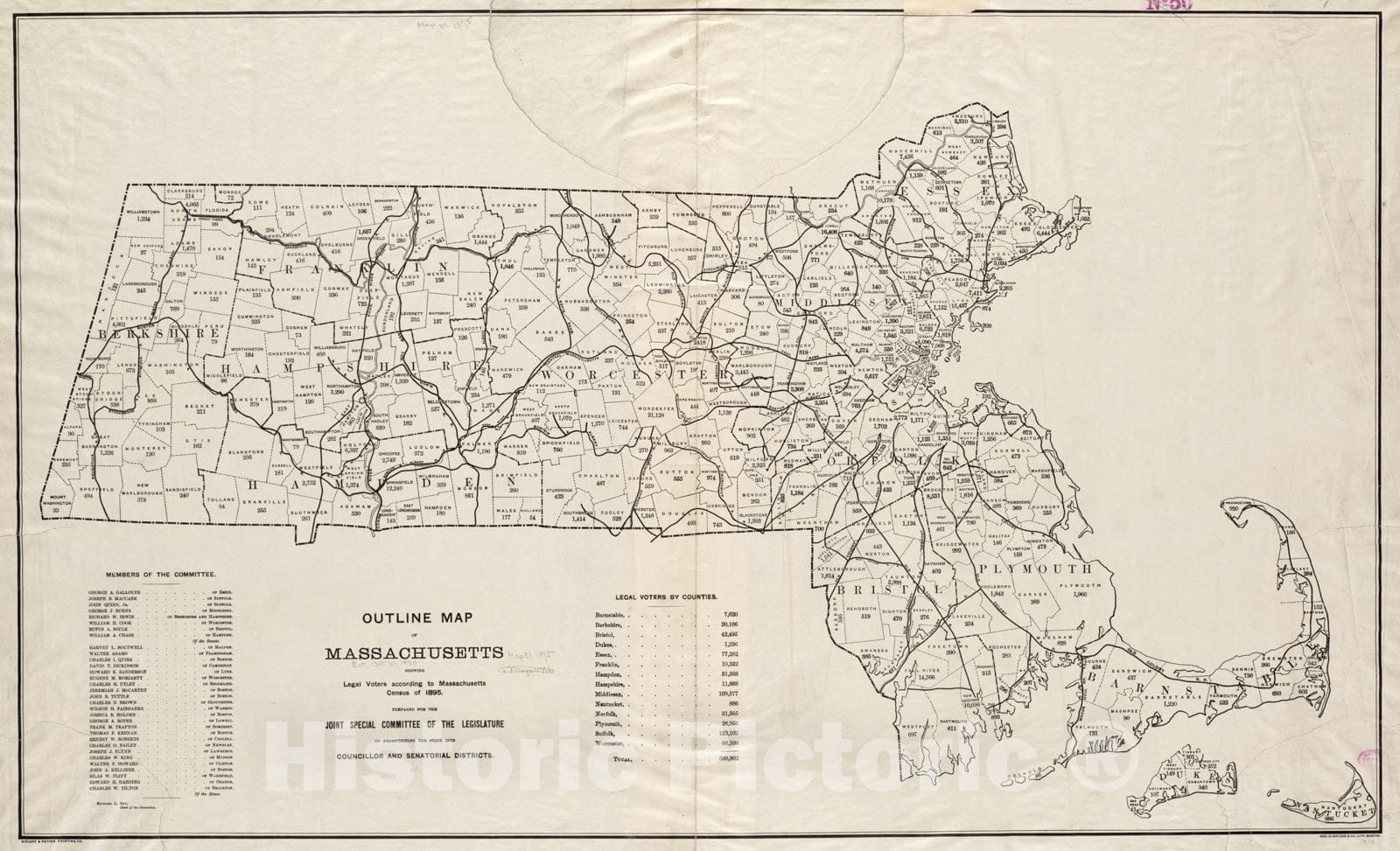 Historical Map, 1896 Outline map of Massachusetts Showing Legal Voters According to Massachusetts Census of 1895, Vintage Wall Art