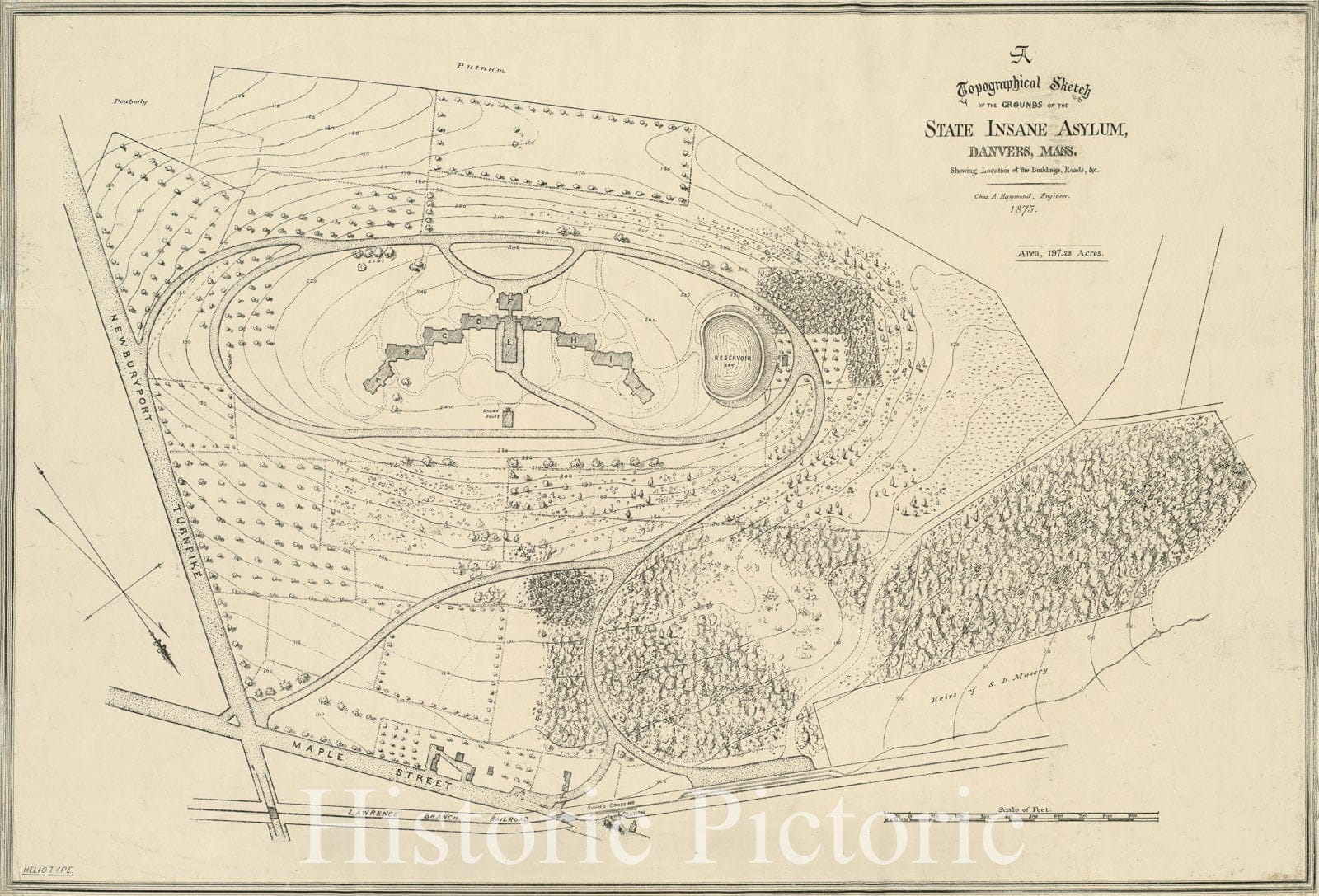Historical Map, 1875 Topographical sketch of the grounds of the State Insane Asylum, Danvers, Mass : Showing location of the buildings, roads, et cetera, Vintage Wall Art
