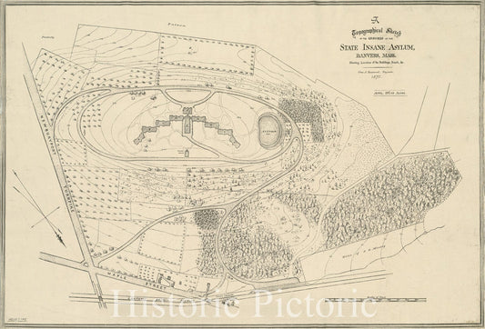 Historical Map, 1875 Topographical sketch of the grounds of the State Insane Asylum, Danvers, Mass : Showing location of the buildings, roads, et cetera, Vintage Wall Art