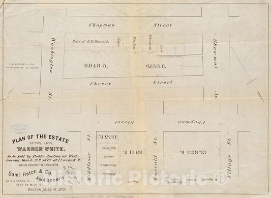 Historical Map, Plan of The Estate of The Late Warren White : to be Sold at Public Auction on Wednesday March 27th 1872 at 12 o'clock m. on The respective Premises, Vintage Wall Art