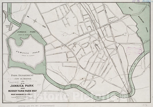 Historical Map, 1876 Jamaica Park and Bussey Farm Parkway : West Roxbury District, Vintage Wall Art