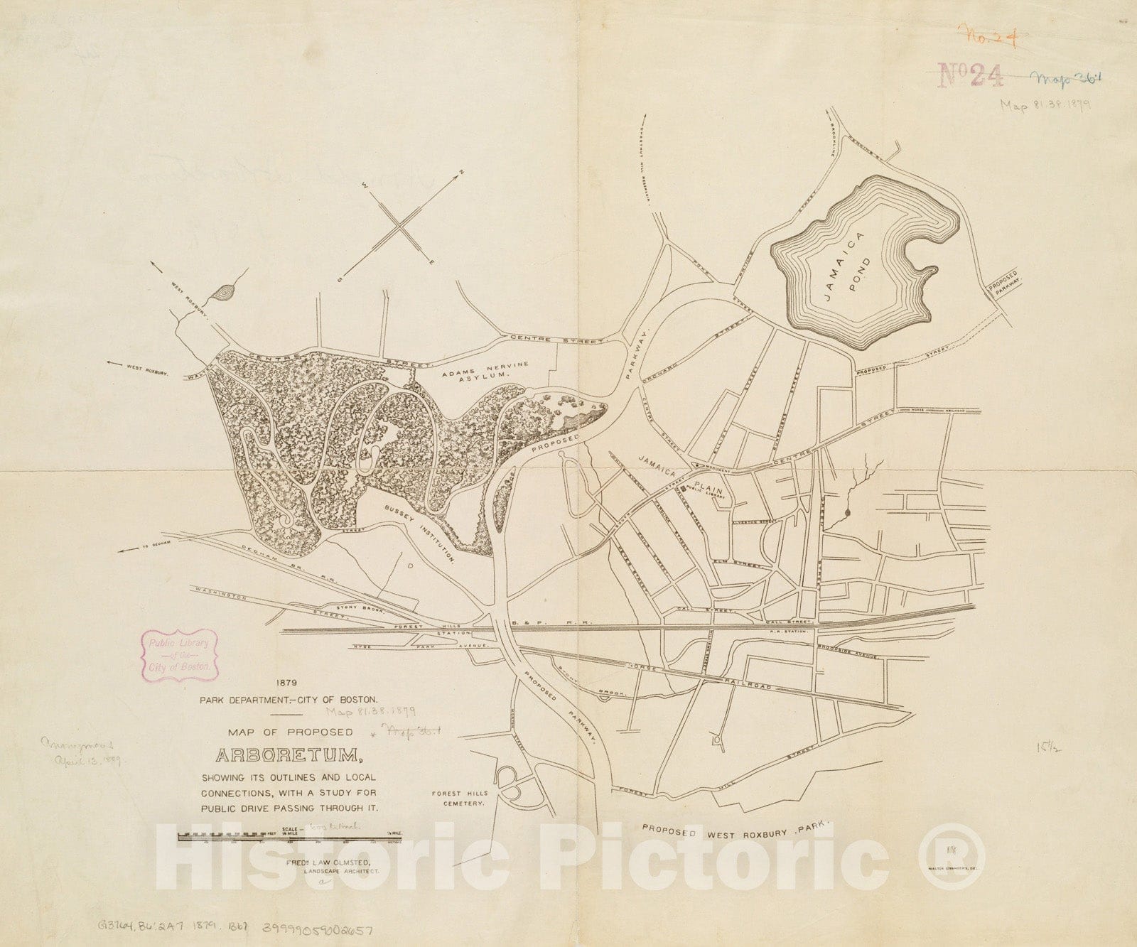Historical Map, 1879 Map of Proposed Arboretum, Showing its Outlines and Local Connections, with a Study for Public Drive Passing Through it, Vintage Wall Art