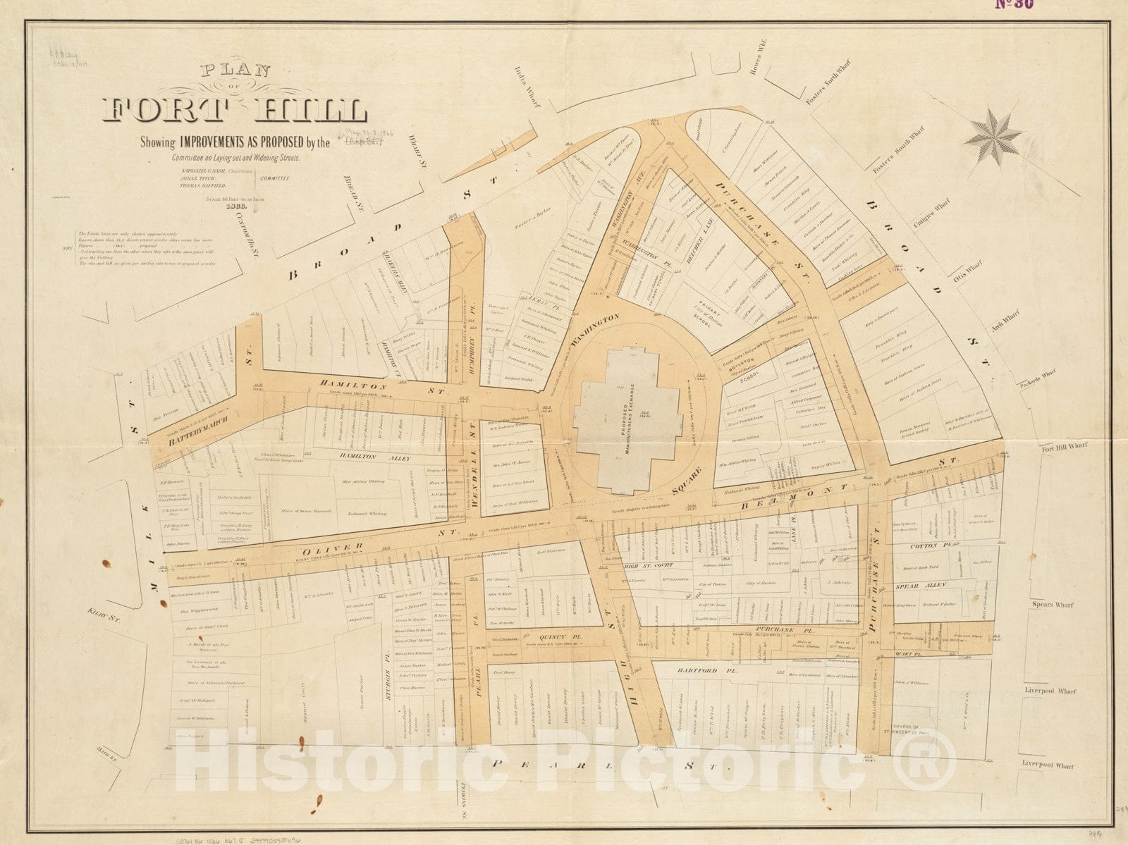 Historical Map, 1866 Plan of Fort Hill Showing improvements as Proposed by The Committee on Laying Out and widening Streets, Vintage Wall Art