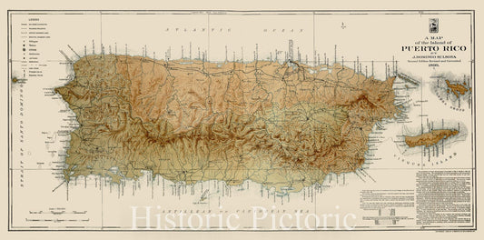 Historical Map, ca. 1899 A map of The Island of Puerto Rico, Vintage Wall Art