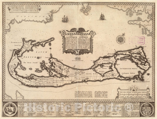 Historical Map, c.1626 Mappa astivarum insularum alias Bermudas dictarum ad ostia Mexicaniaccurate descr = A Mapp of the Sommer Islands once called the Bermudas, Vintage Wall Art