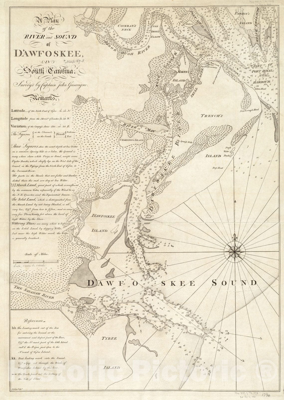 Historical Map, 1773 A Plan of The River and Sound of D'Awfoskee in South Carolina, Vintage Wall Art