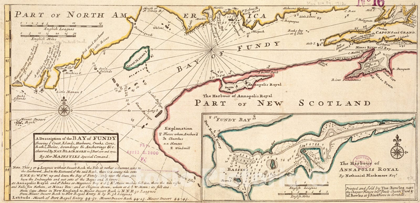 Historical Map, 1736 A Description of The Bay of Fundy : shewing ye Coast, Islands, harbours, Creeks, coves, Rocks & sholes, soundings & anchorings et Cetera, Vintage Wall Art