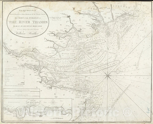 Historical Map, 1801 To the Right Honourable the Master, Wardens, Elder Bretham of the Trinity House, this chart of the entrances to The River Thames isdedicated, Vintage Wall Art