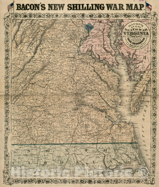 Historical Map, 1862 Bacon's Map of The seat of war in Virginia : Showing minutely The Interesting localities in The Vicinity of Richmond, Vintage Wall Art