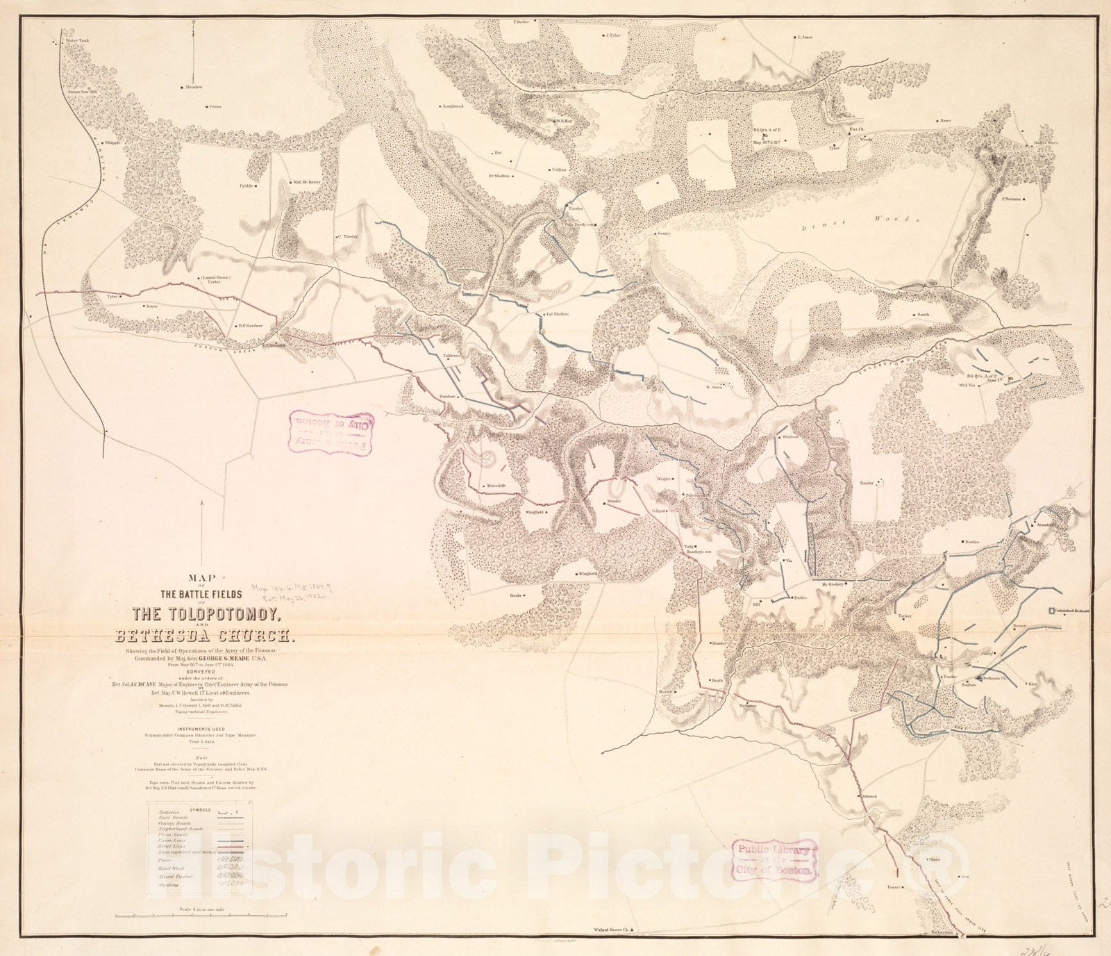 Historical Map, Map of The Battle Fields of The Tolopotomoy, and Bethesda Church, Vintage Wall Art