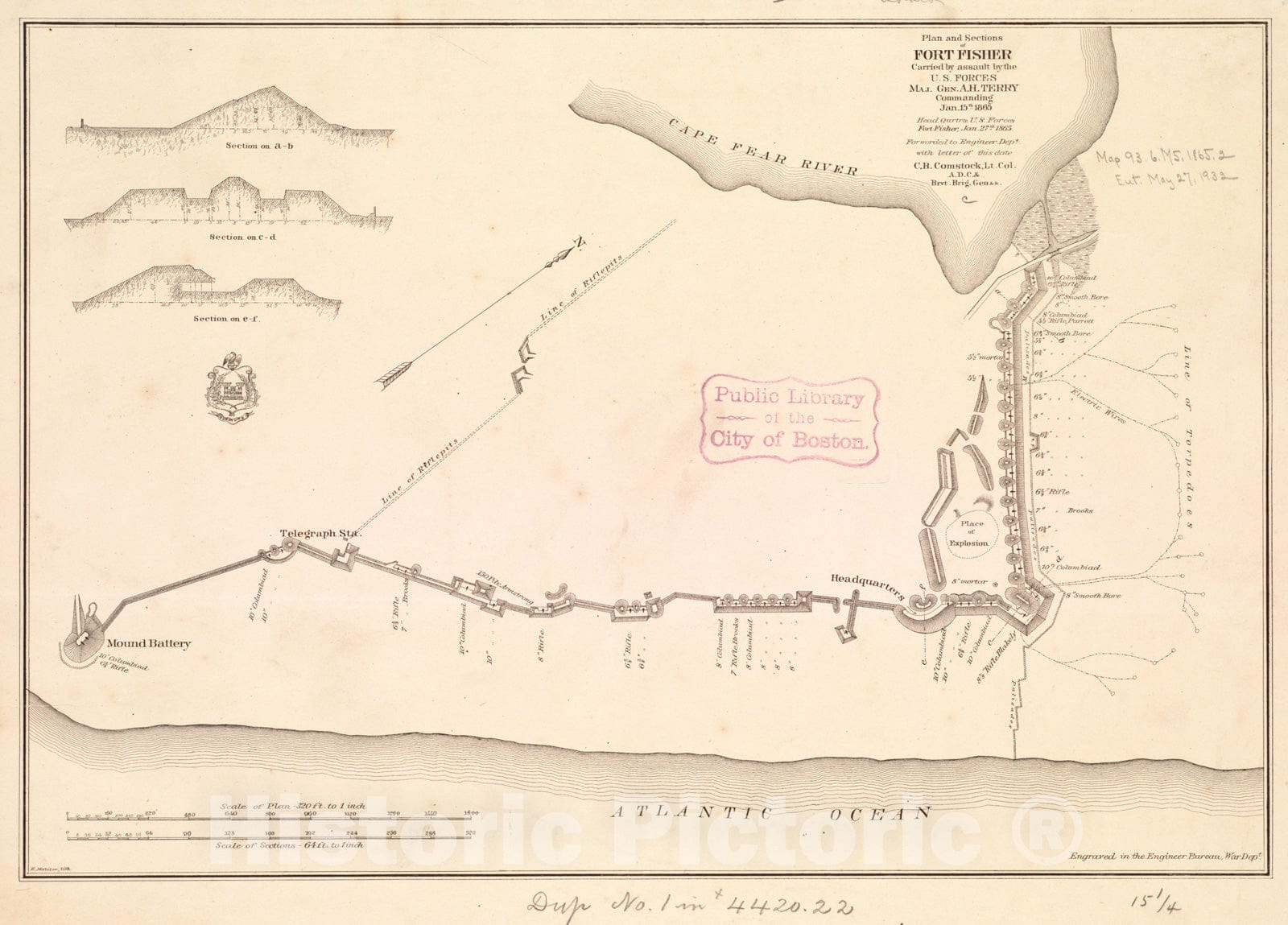 Historical Map, Plan and Sections of Fort Fisher, Carried by Assault by The U.S. Forces, Maj. Gen. A.H. Terry Commanding, Jan. 15th, 1865, Vintage Wall Art