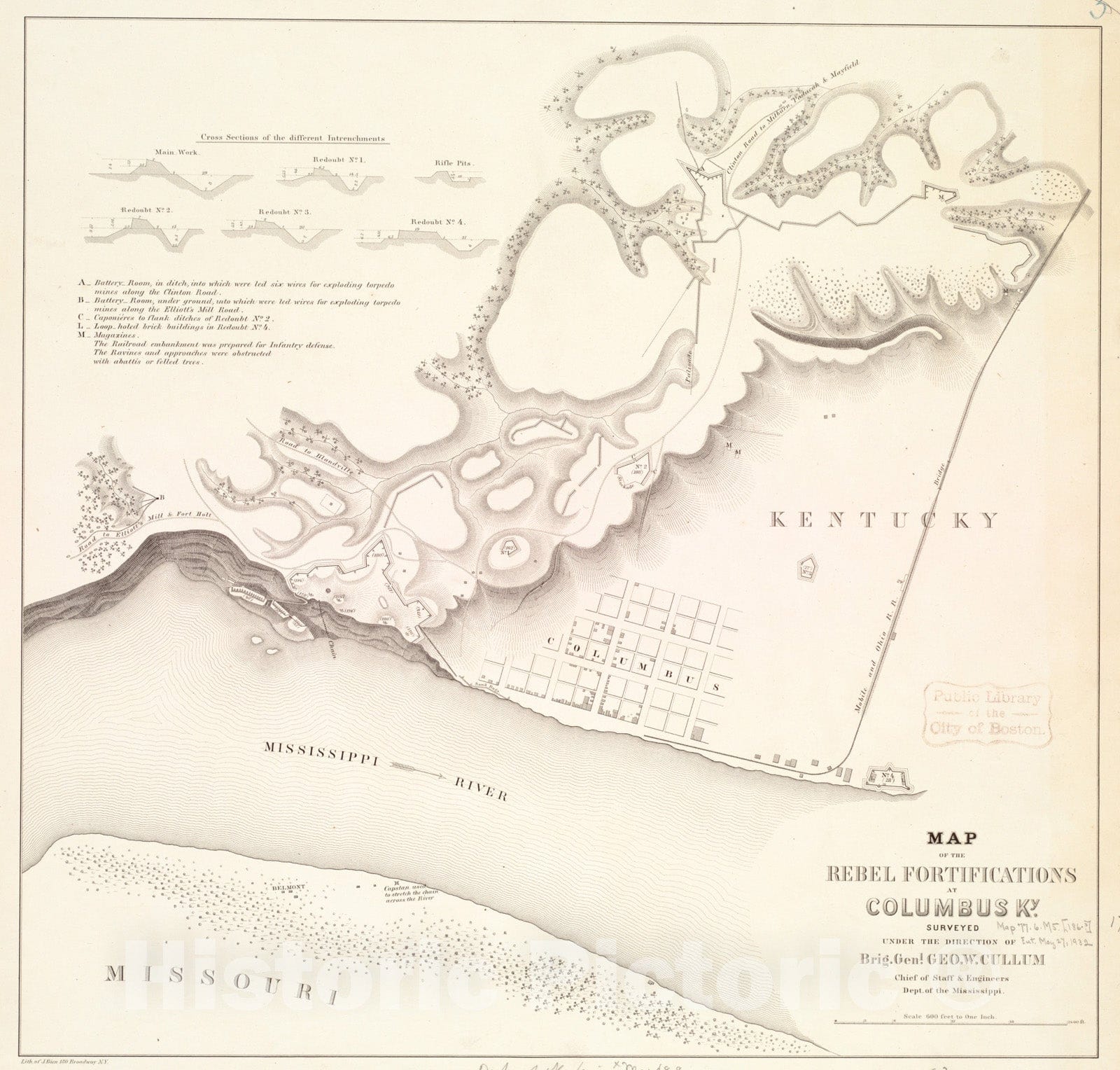 Historical Map, 1862 Map of The Rebel fortifications at Columbus, Ky, Vintage Wall Art