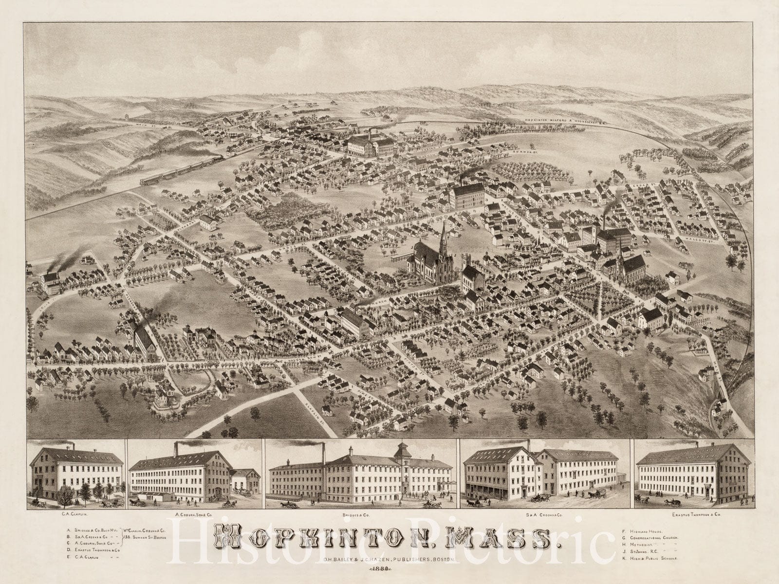 Historical Map, 1880 Hopkinton, Mass, Vintage Wall Art