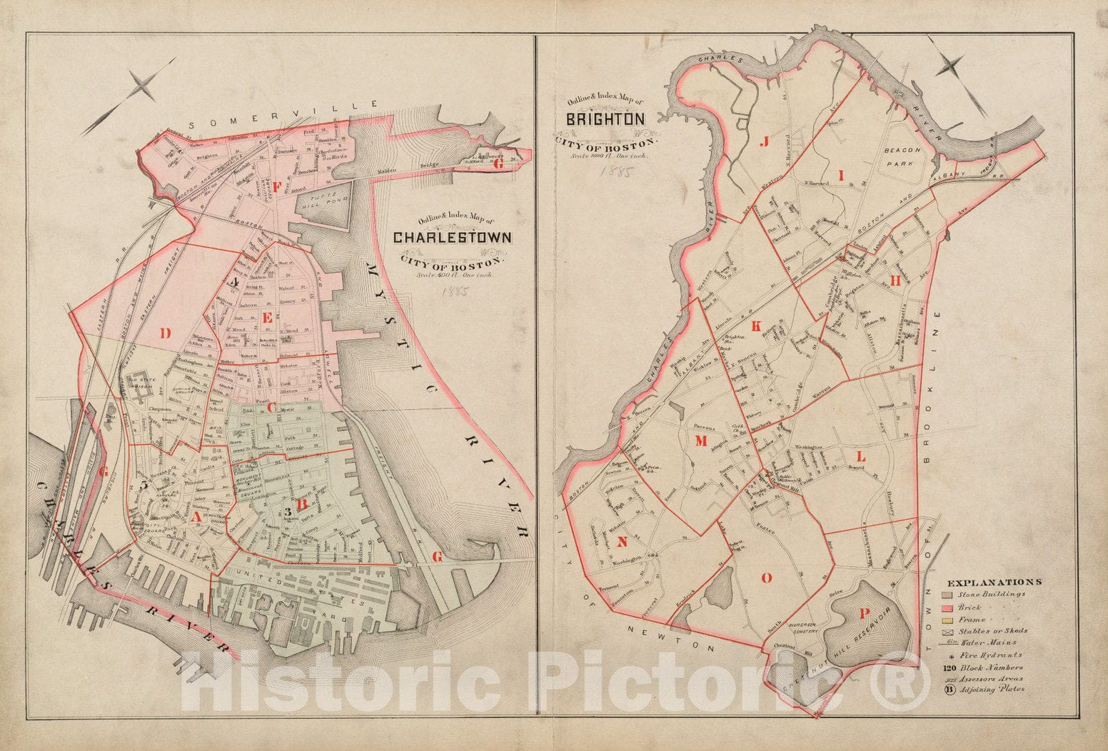 Historical Map, 1885 Outline & Index map of Charlestown, City of Boston ; Outline & Index map of Brighton, City of Boston, Vintage Wall Art