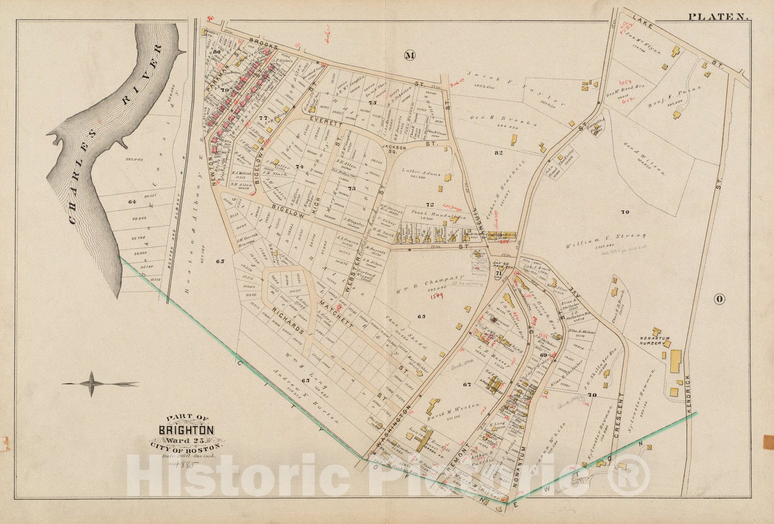 Historical Map, 1885 Atlas of The City of Boston : Charlestown and Brighton : Plate N, Vintage Wall Art