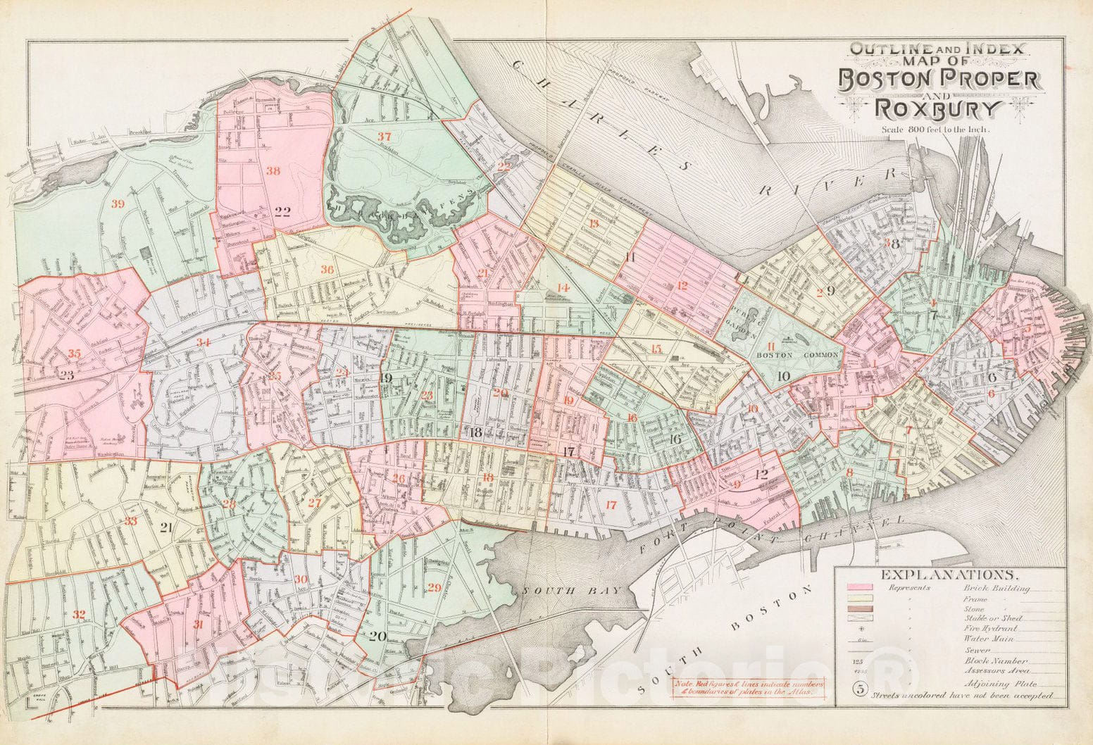Historical Map, 1890 Outline and Index map of Boston Proper and Roxbury, Vintage Wall Art