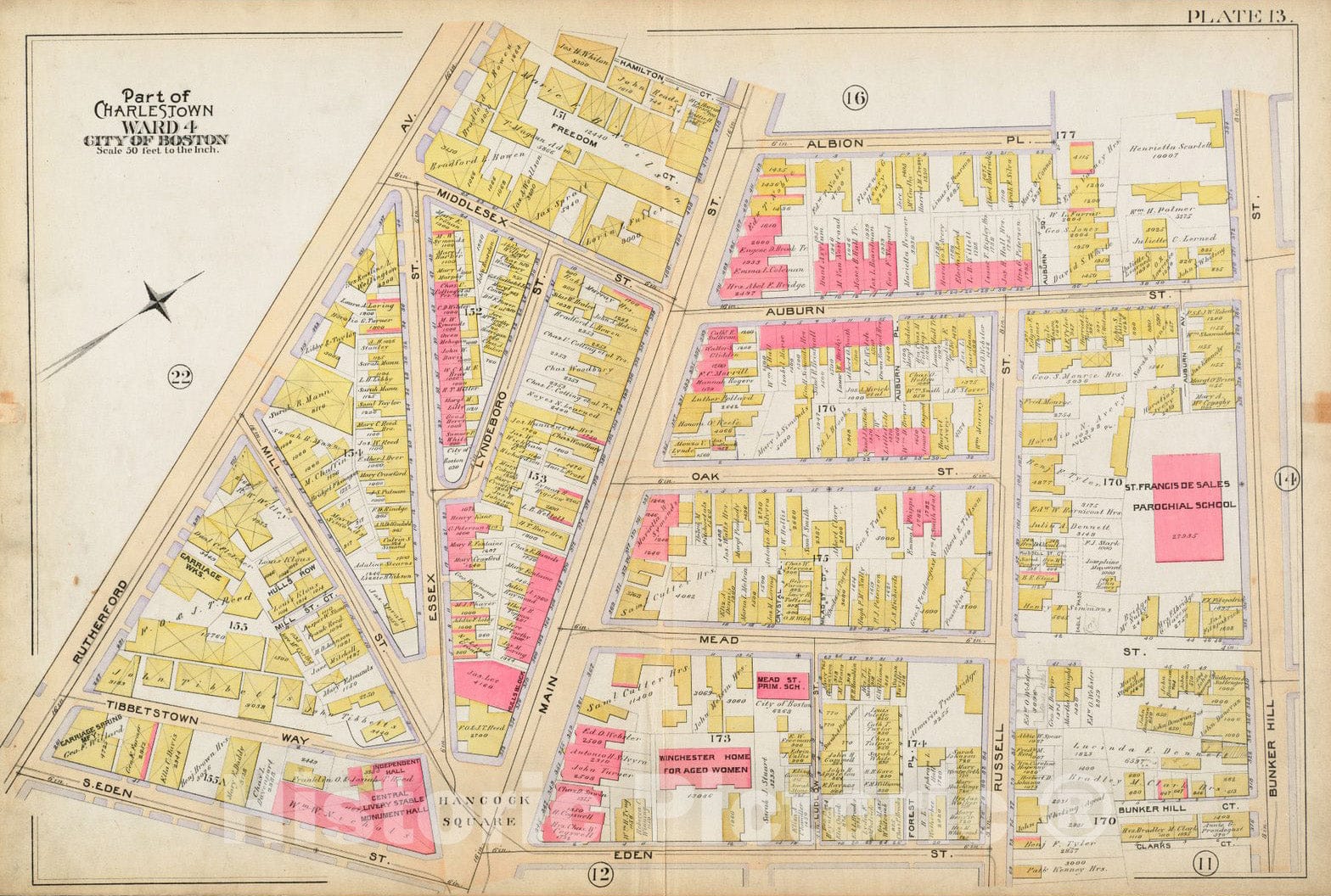 Historical Map, 1892 Atlas of The City of Boston : Charlestown : Plate 13, Vintage Wall Art