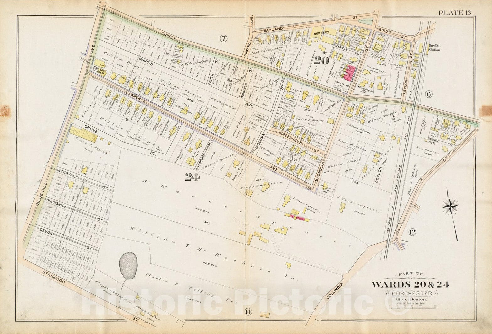 Historical Map, 1894 Atlas of The City of Boston : Dorchester, Mass. : Plate 13, Vintage Wall Art