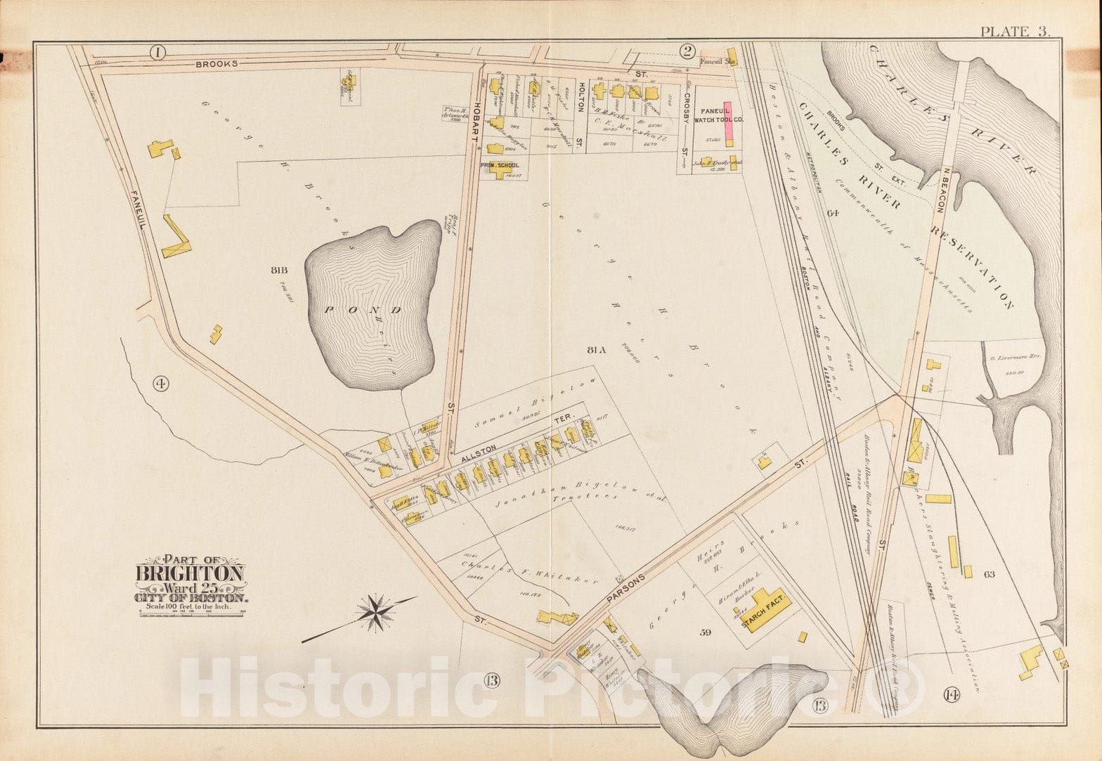 Historical Map, 1897 Atlas of The City of Boston, Brighton : Plate 3, Vintage Wall Art
