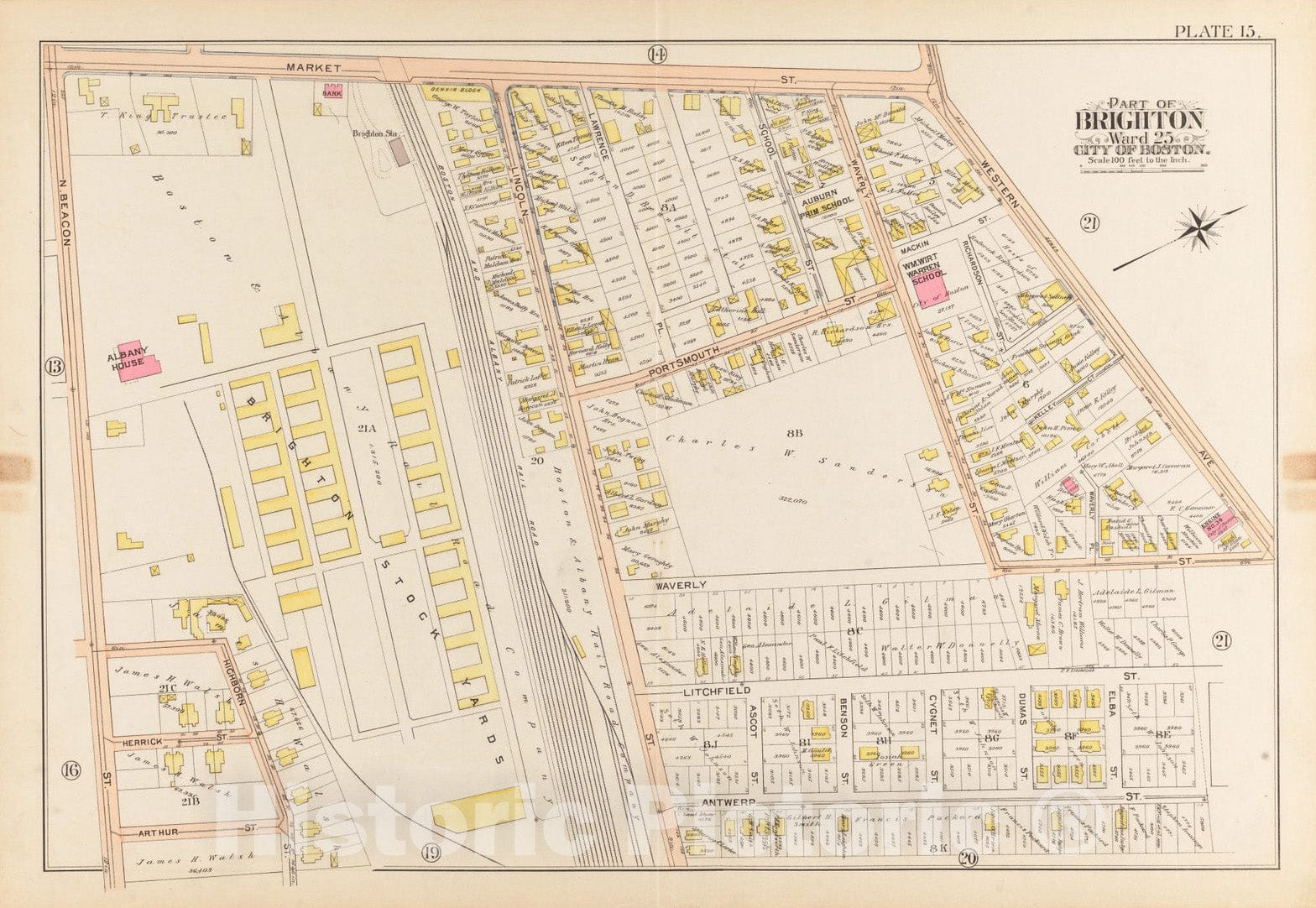 Historical Map, 1897 Atlas of The City of Boston, Brighton : Plate 15, Vintage Wall Art