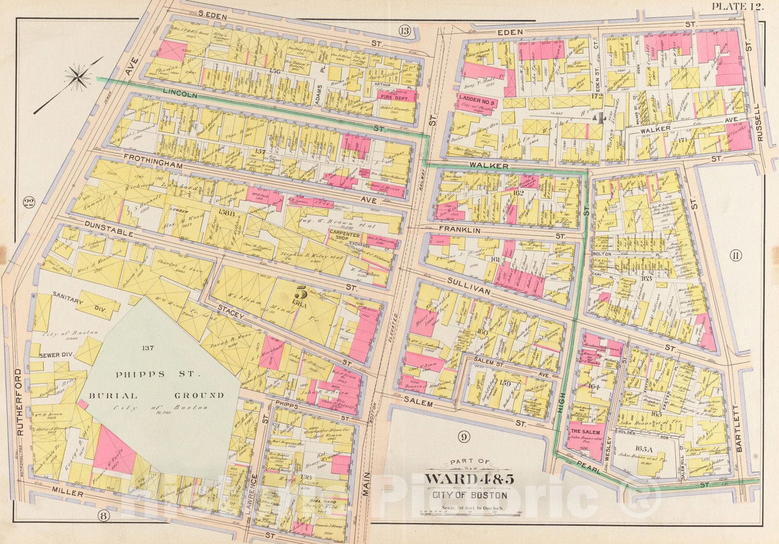 Historical Map, 1901 Atlas of The City of Boston, Charlestown : Plate 12, Vintage Wall Art