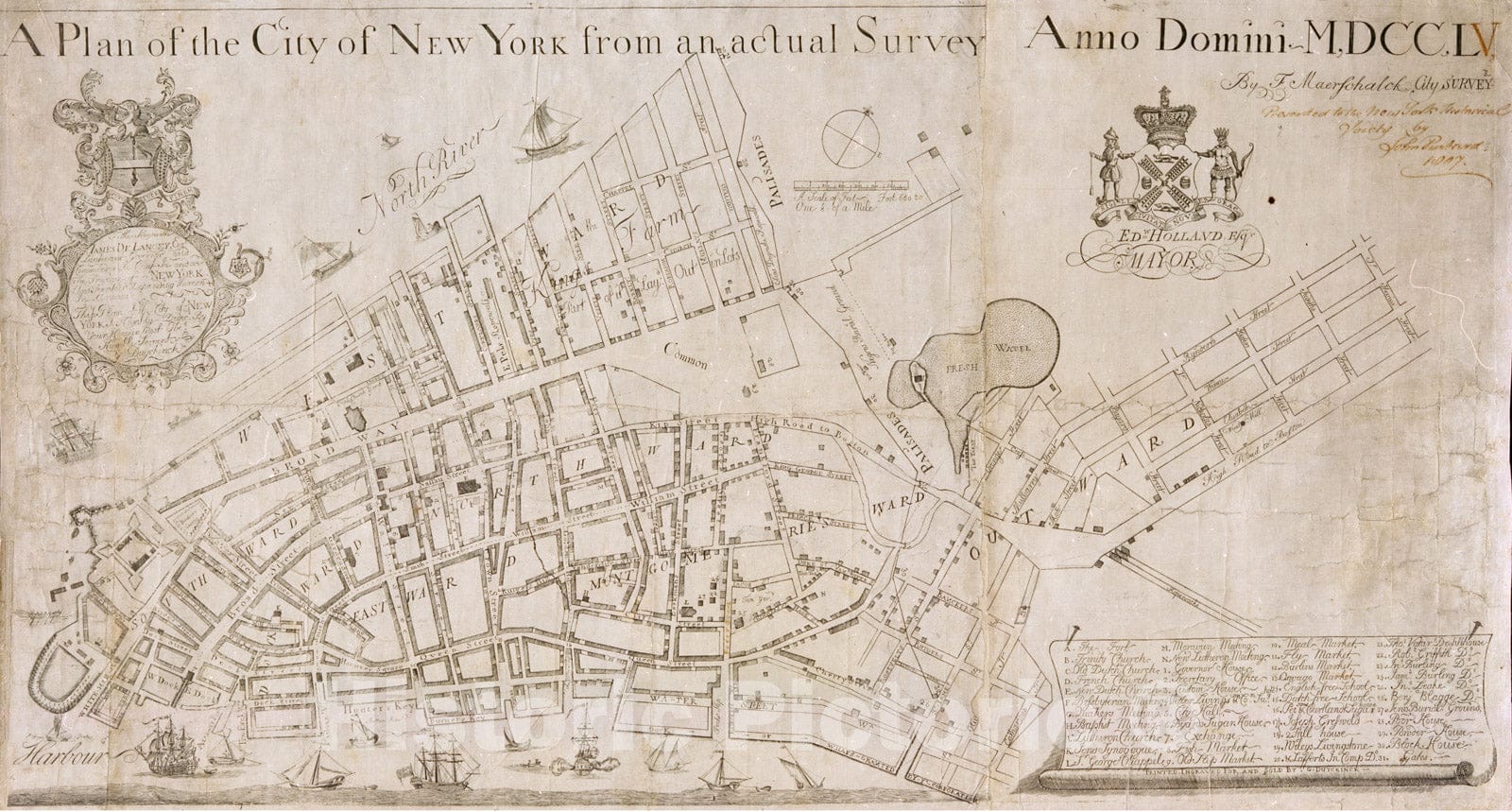 Historical Map, 1755 A Plan of The City of New York from an Actual Survey Anno Domini MDCCLV, Vintage Wall Art :