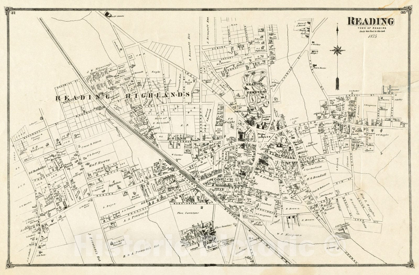Historical Map, 1875 Town of Reading [Massachusetts] : Showing Streets, Buildings, Property Boundaries and Owners, Railroad Lines, and Cemeteries, Vintage Wall Art